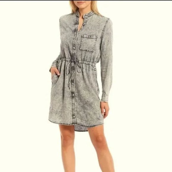 Cloth & Stone Long Sleeve Button Front Acid Wash Drawstring Shirt Dress - Picture 1 of 4